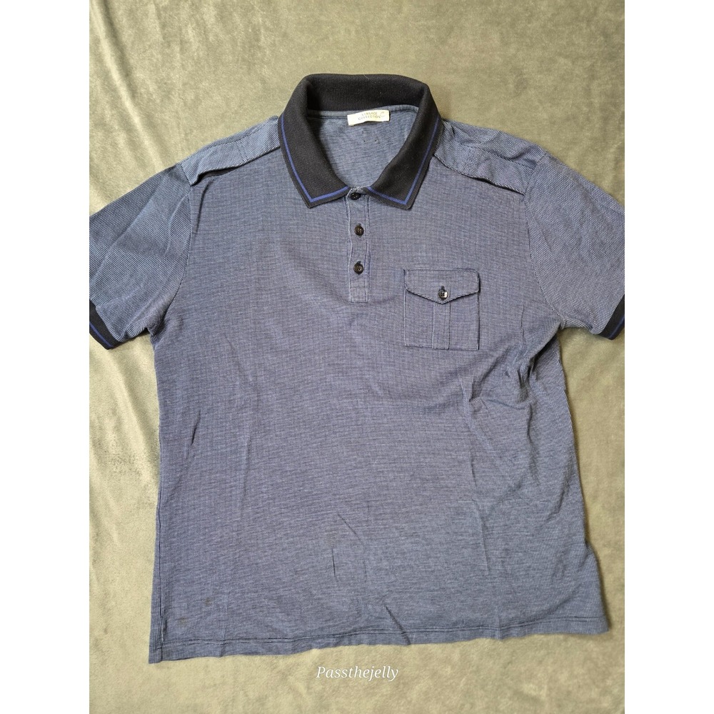Versace Collection Polo Shirt Mens Medium Herringbone Metal‎ Medusa Logo Blue